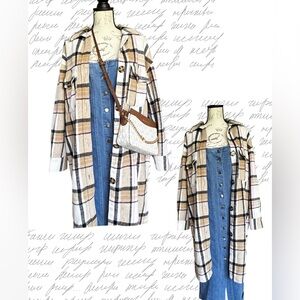 Ardene Plaid Long Pea Coat in Cream, Tan & Black